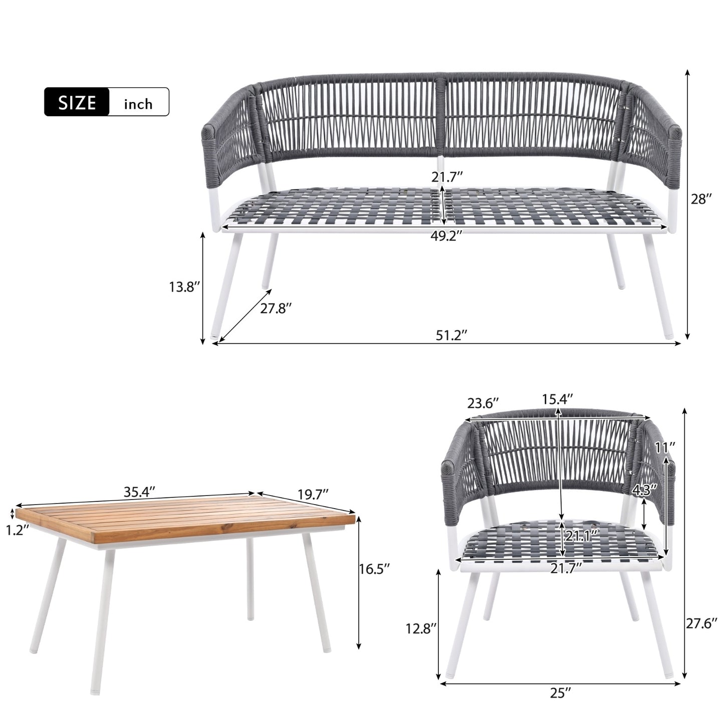 K&K 4-Piece Boho Rope Patio Furniture Set, Outdoor Furniture With Acacia Wood Table, Patio Conversat