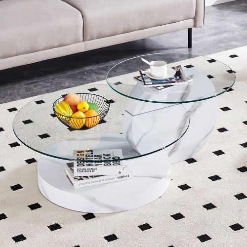 Modern And Practical Double-layer Round Table. Glass Table Top, Wood MDF Table Legs. Suitable For Living Room And Bedroom