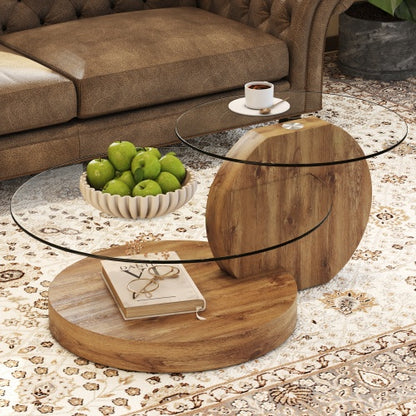 Modern And Practical Double-layer Round Table. Glass Table Top, Wood MDF Table Legs. Suitable For Living Room And Bedroom