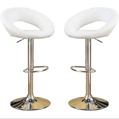 White Faux Leather Stool Adjustable Height Chairs Set Of 2 Chair Swivel Design Chrome Base PVC Dining Furniture