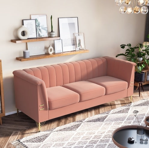 FX-P82-PKSOFAModern Designs Velvet Upholstered Living Room Sofa, 3 Seat Sofa Couch With Golden Metal Legs For Home, Apartment Or Office Pink SOFA