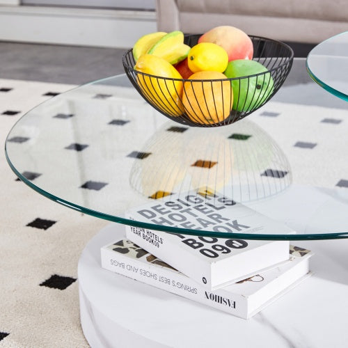 Modern And Practical Double-layer Round Table. Glass Table Top, Wood MDF Table Legs. Suitable For Living Room And Bedroom